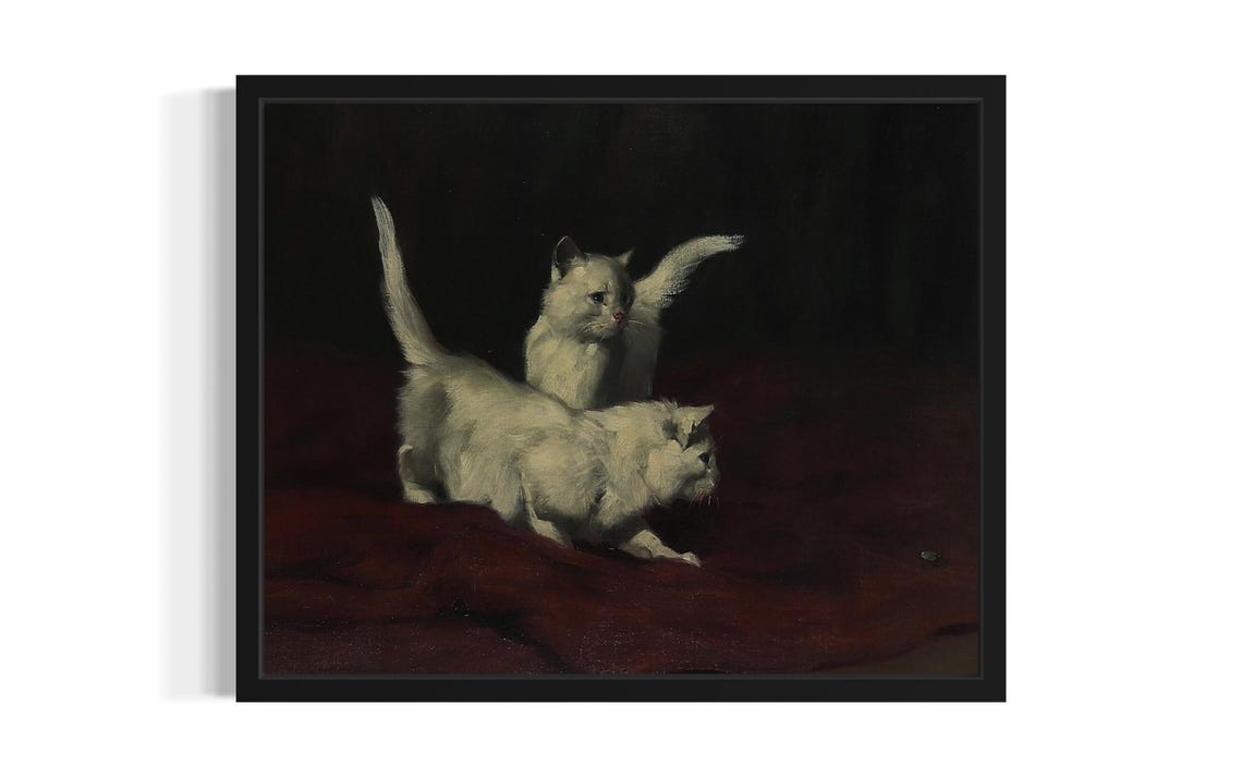 Two White Kittens Playing On Dark Red Velvet Vintage Style Poster
