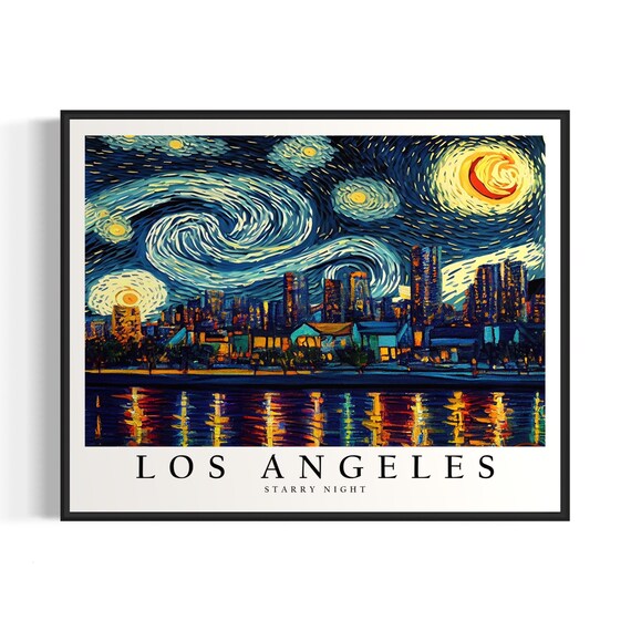 Los Angeles California Starry Night Downtown Skyline Art Poster