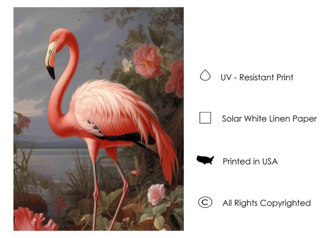 Flamingo Wading by a Flower Fringed Lake Vintage Bird Poster - Image 4