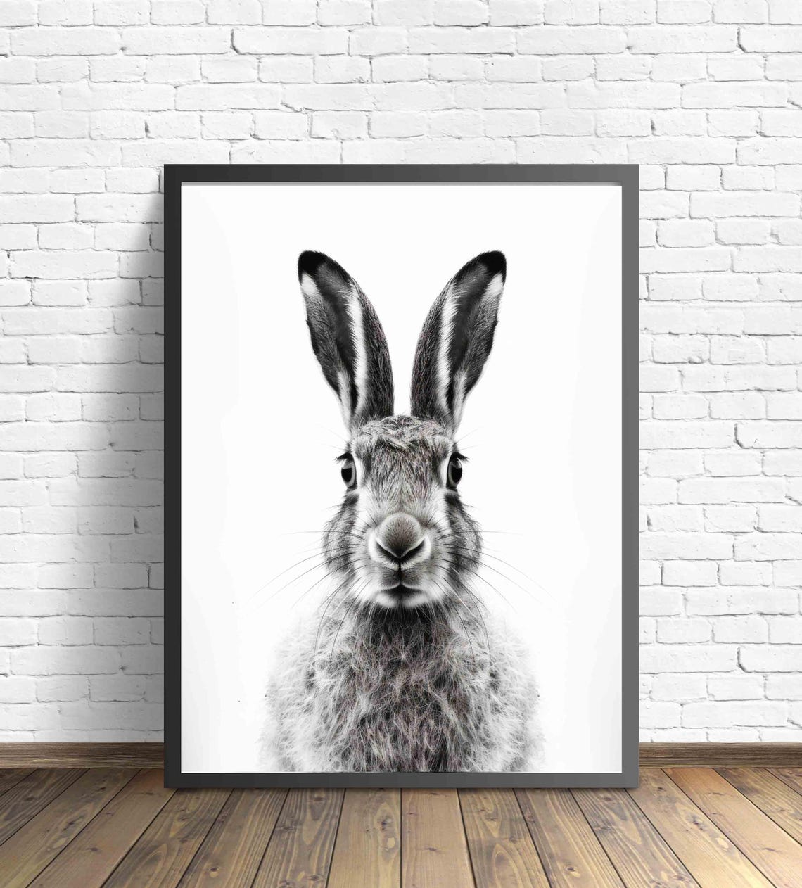 Hare Black and White Front Facing Long Eared Woodland Portrait Poster - Image 2
