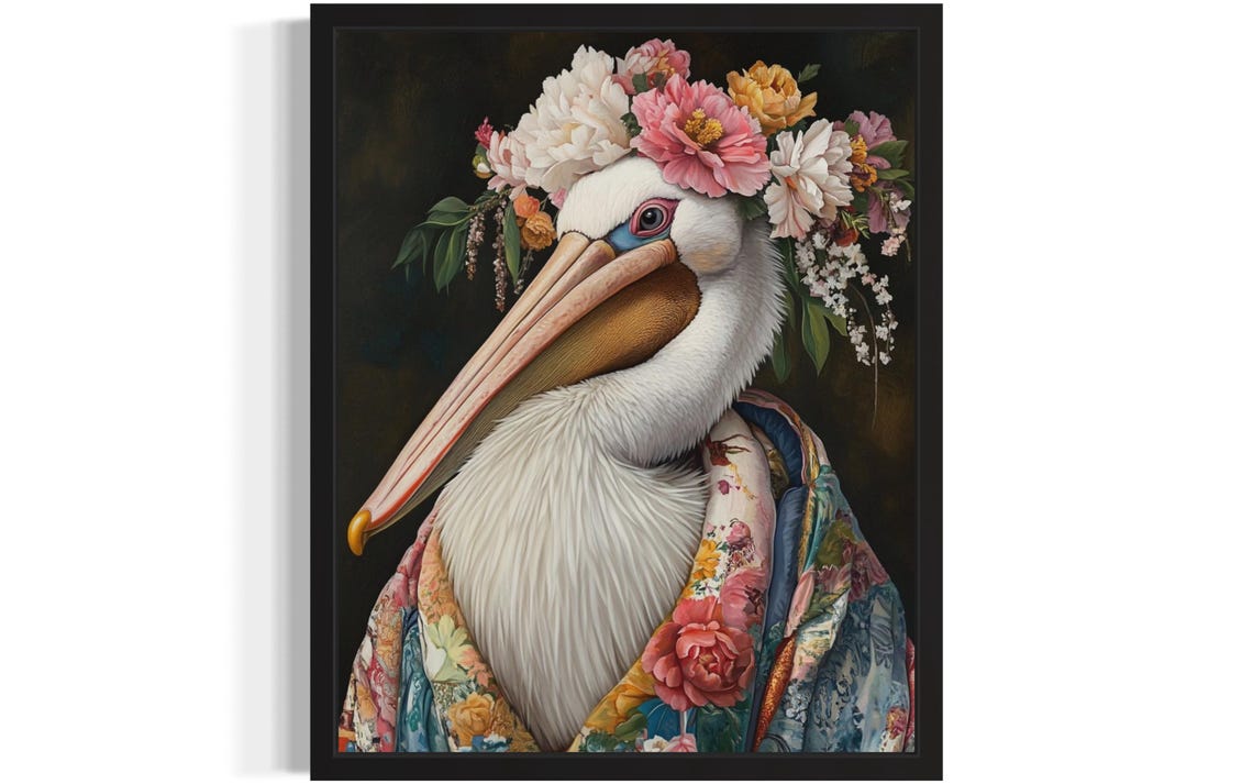White Pelican in Flower Crown and Floral Robe Portrait Poster