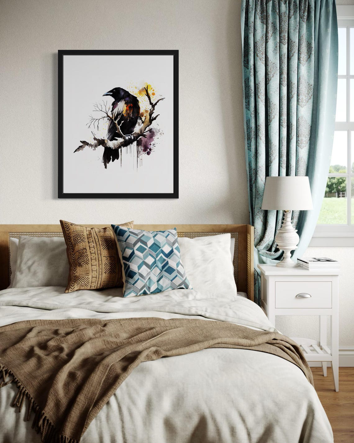 Crow On Bare Branch Watercolor With Orange Accents Bird Poster - Image 4