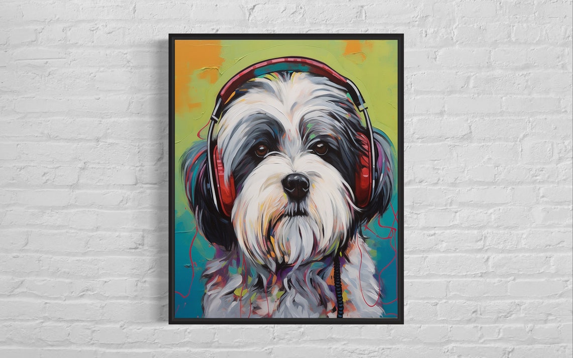Lhasa Apso Dog Wearing Red Headphones Colorful Music Art Poster
