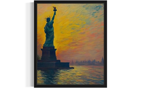 Statue of Liberty at Sunset Golden Sky Impressionist Painting Poster