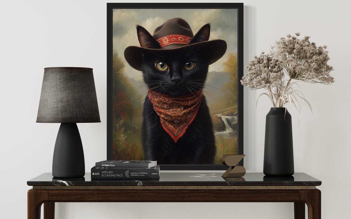 Black Cat Cowboy Portrait With Hat And Paisley Bandana Poster - Image 3