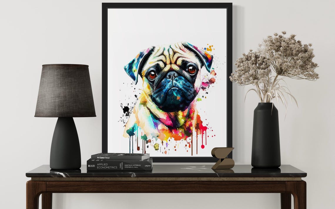 Soulful Pug Dog Face Multicolor Watercolor Splash Portrait Poster - Image 3