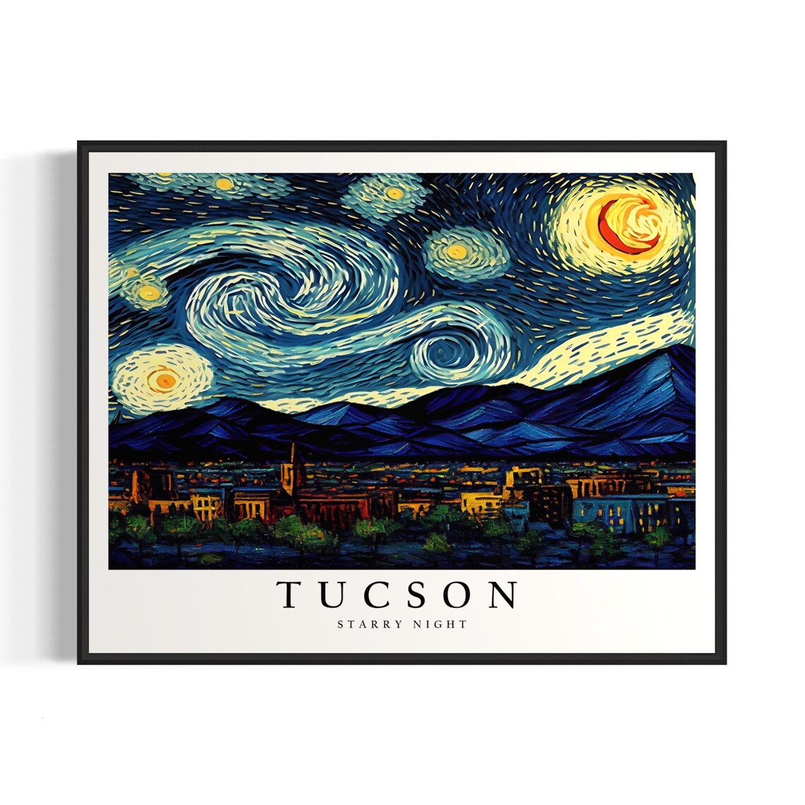 Tucson Arizona Starry Night Desert Mountains Old Town City Art Poster