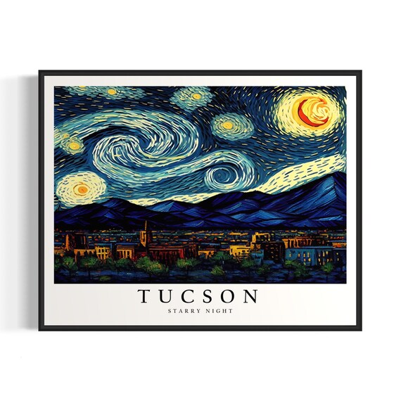 Tucson Arizona Starry Night Desert Mountains Old Town City Art Poster