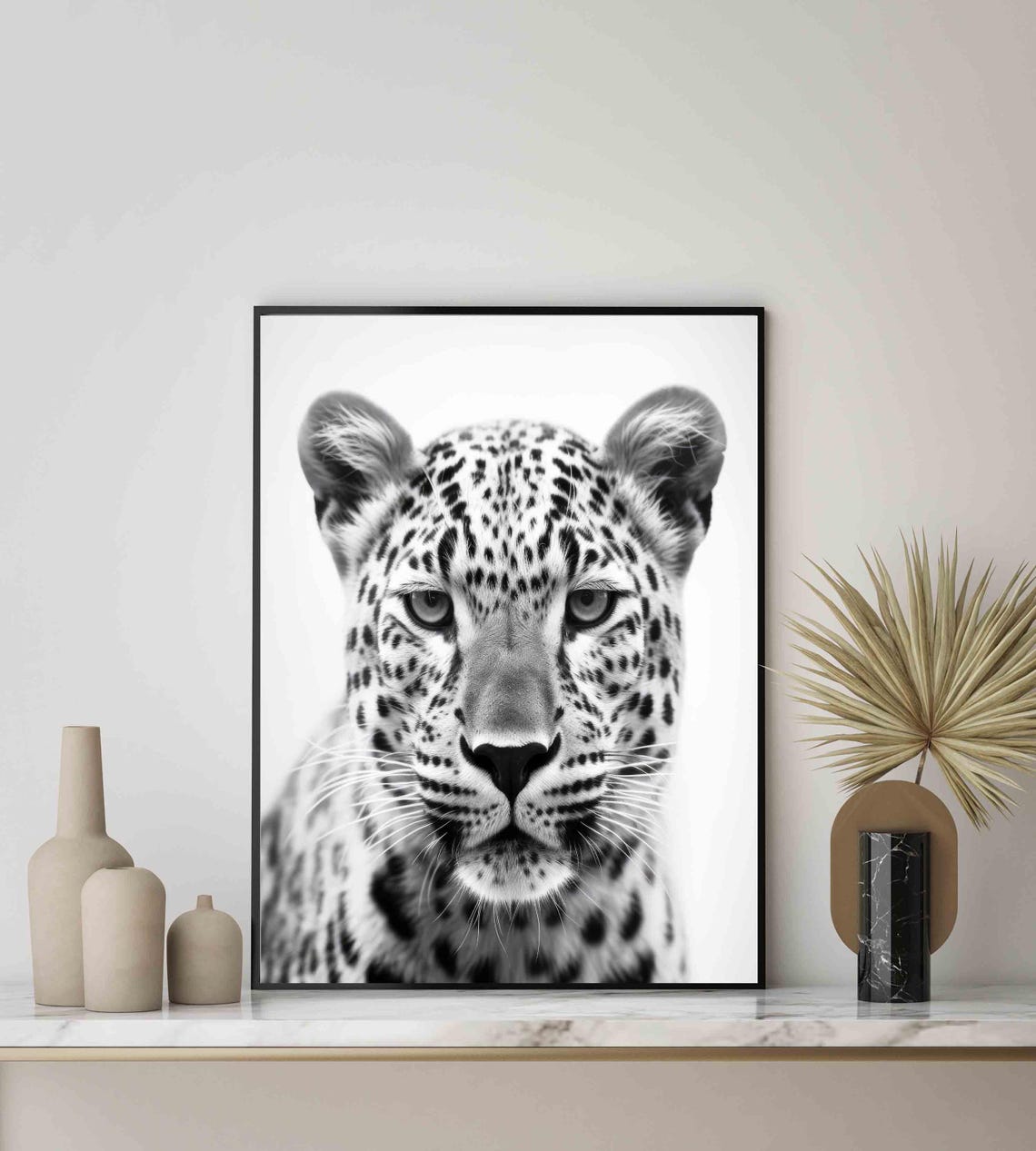 Intense Leopard Face Front View in Black and White Portrait Poster - Image 4