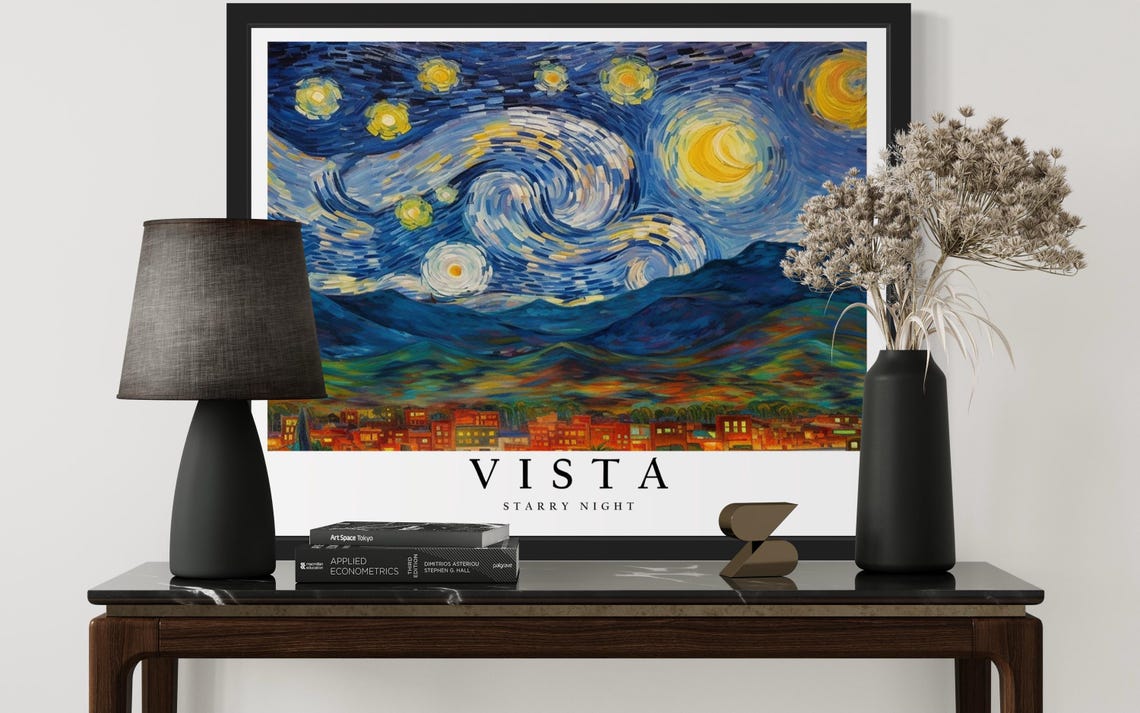 Vista California Starry Night Swirling Sky Mountain Town Art Poster - Image 3