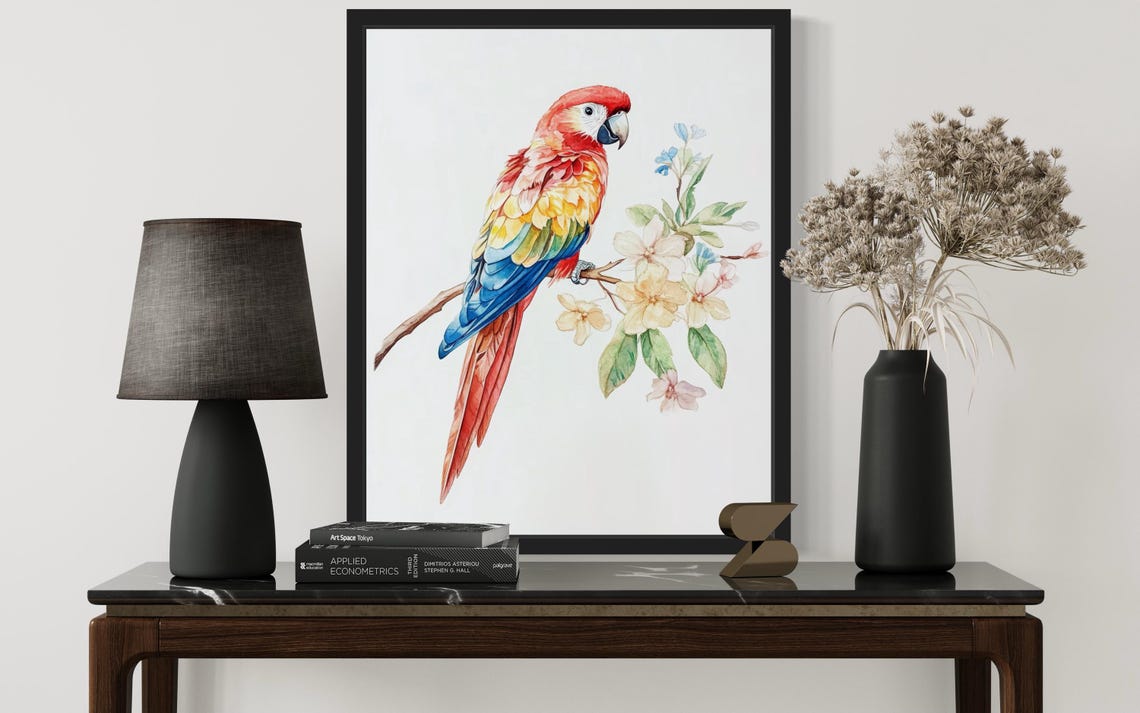 Scarlet Macaw Parrot with Blossoms Watercolor Tropical Poster - Image 2