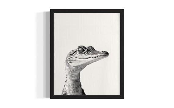 Baby Alligator Portrait Black and White Swamp Wildlife Art Poster