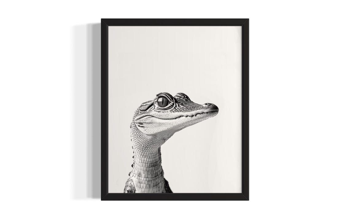 Baby Alligator Portrait Black and White Swamp Wildlife Art Poster