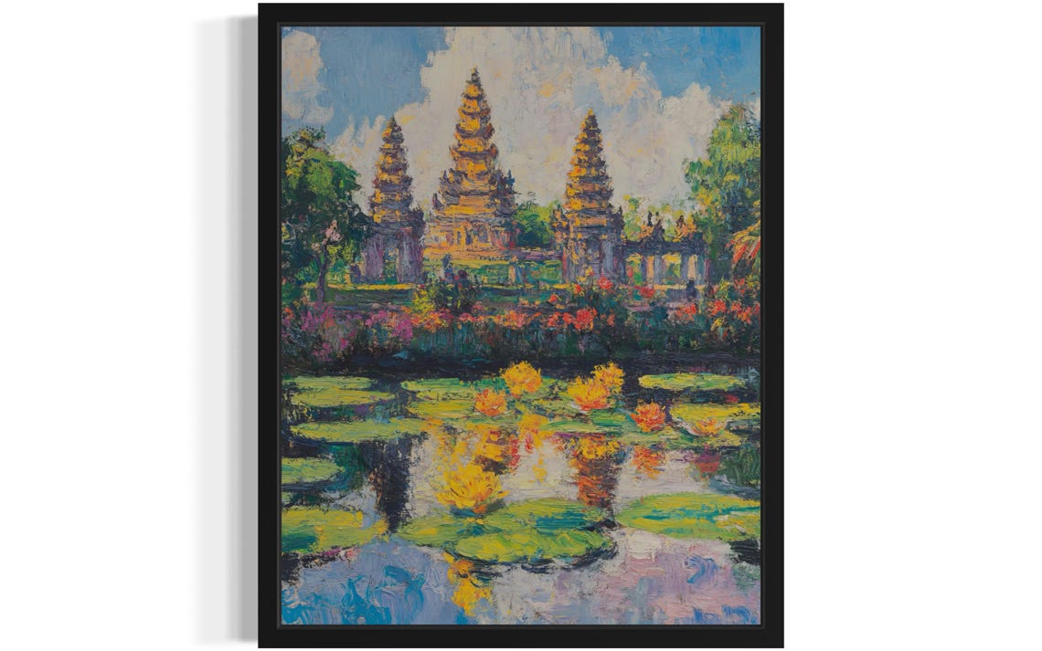 Indonesian Temple Towers Reflected in Lotus Pond Painting Poster