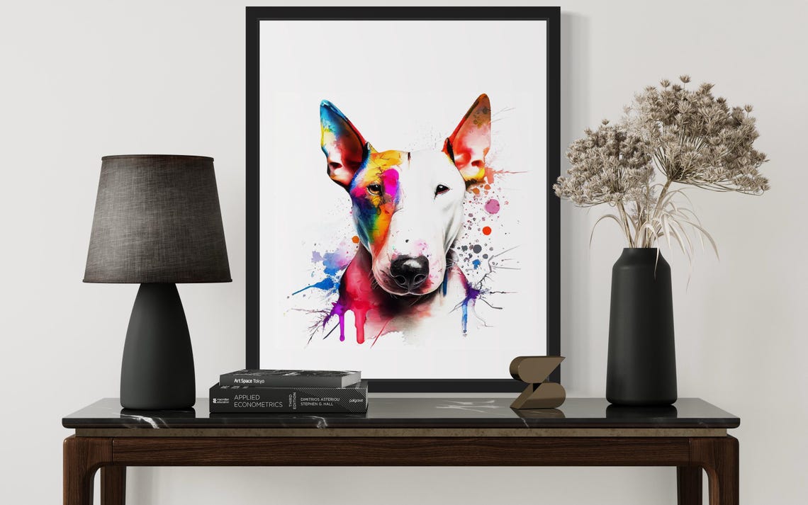 White Bull Terrier Rainbow Watercolor Splash Portrait Poster - Image 3