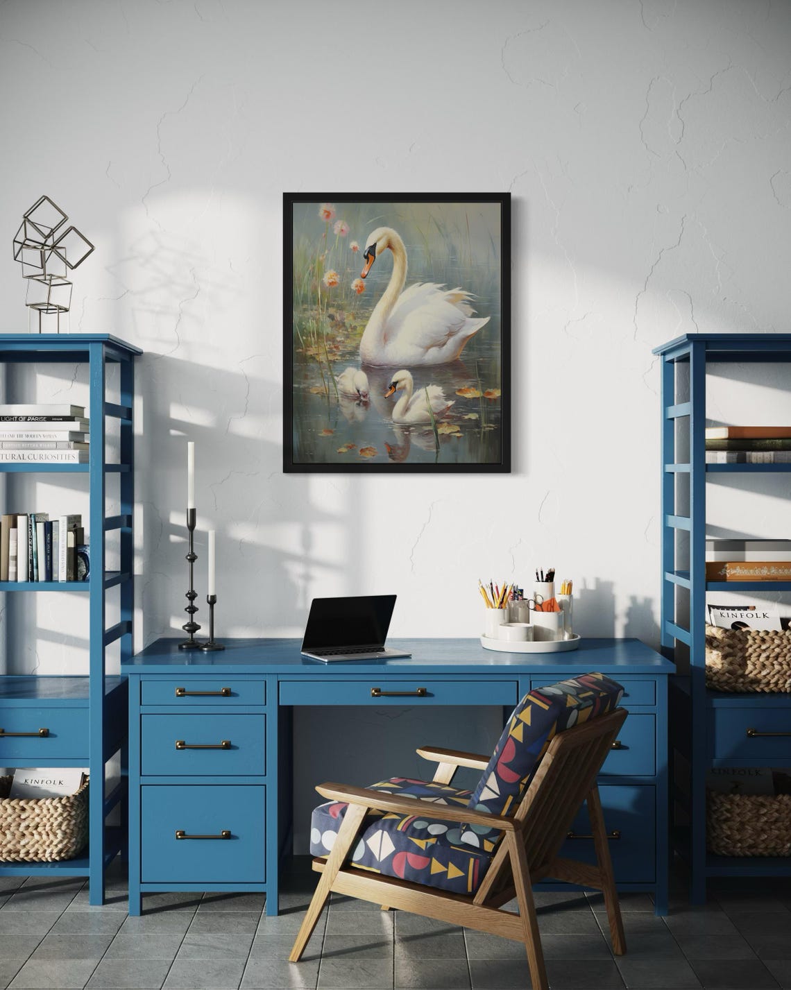 White Swan With Two Cygnets On Lake Vintage Style Bird Poster - Image 4