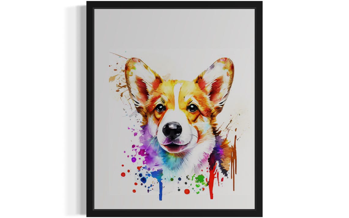 Corgi Rainbow Watercolor Portrait Color Splash Ink Art Poster