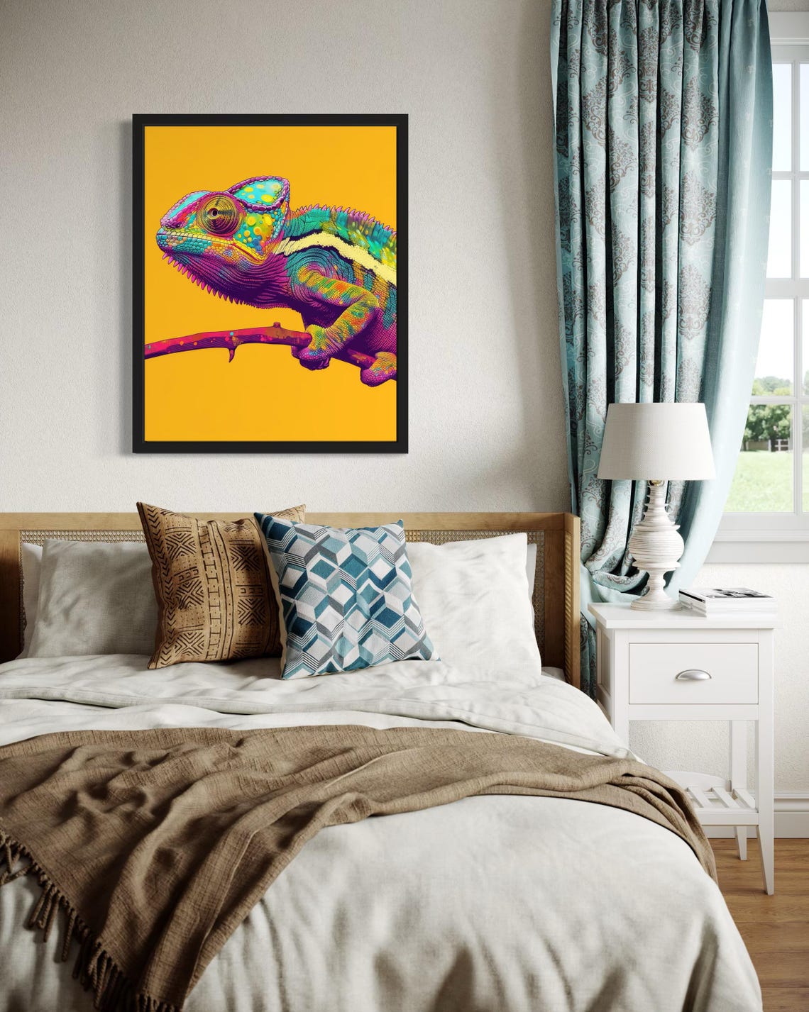 Colorful Chameleon on a Branch Against a Yellow Pop Art Poster - Image 3