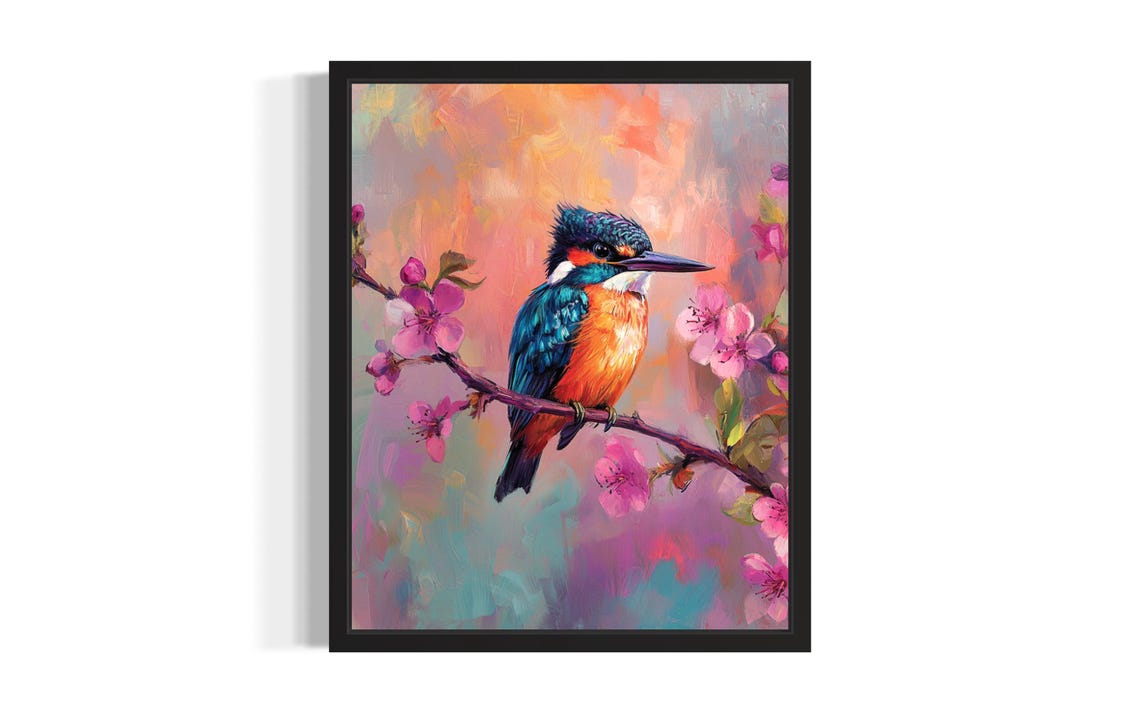 Belted Kingfisher on Blossom Branch Colorful Bird Painting Poster