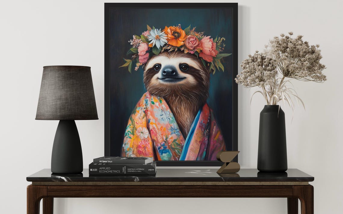 Smiling Sloth Orange Flower Crown Floral Kimono Fine Art Decor Poster - Image 3