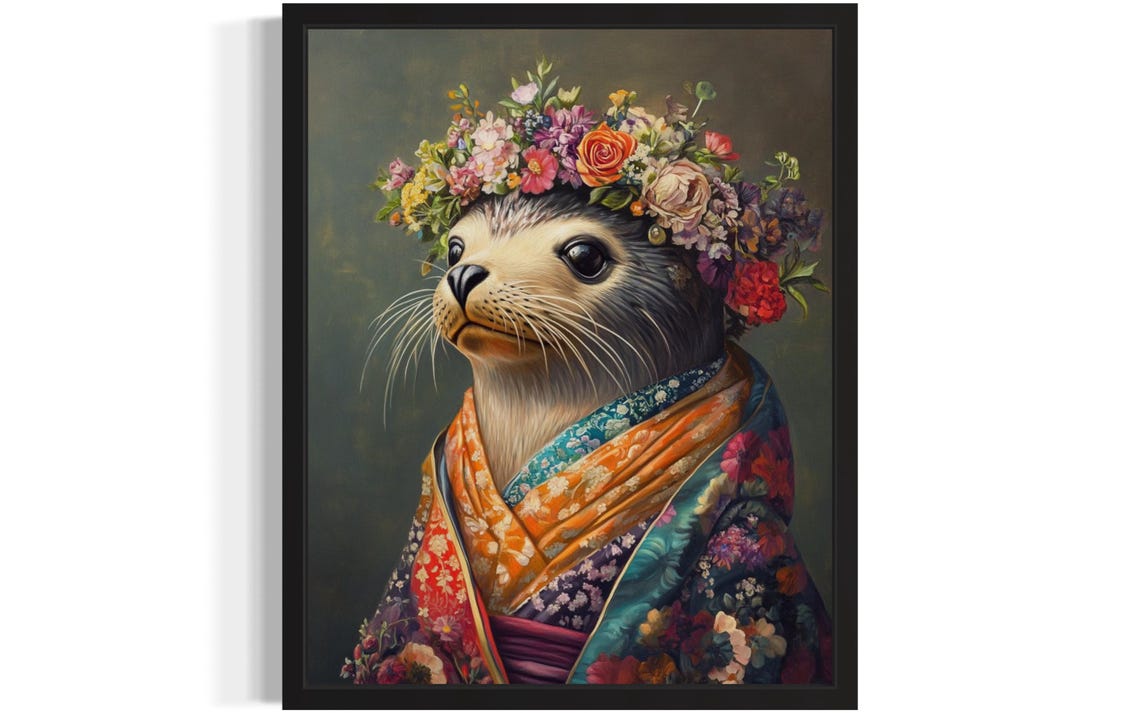Seal Animal With Flower Art Print Wall Art Poster Original Paint Artwork Artwork Decor