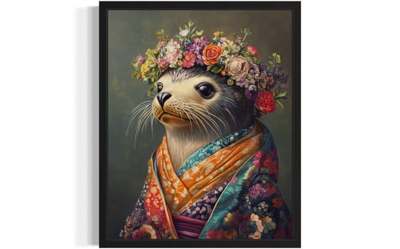 Seal Animal With Flower Art Print Wall Art Poster Original Paint Artwork Artwork Decor