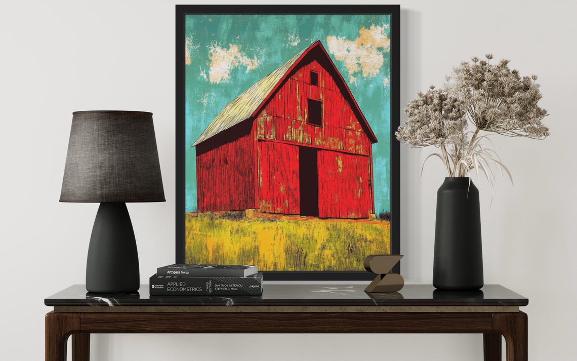 Weathered Red Barn Turquoise Sky Pop Art Farmhouse Landscape Poster - Image 3