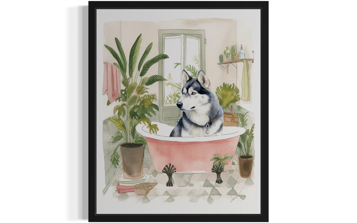 Husky Dog Bath Time Pink Clawfoot Tub Botanical Bathroom Art Poster