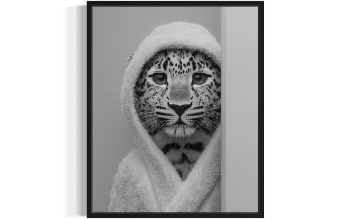 Leopard Bathrobe Hood Funny Big Cat Bathroom Portrait Poster