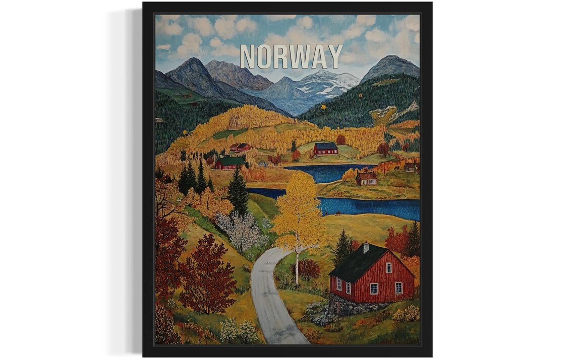 Norway Autumn Fjord Valley with Red Barn and Blue Lake Travel Poster