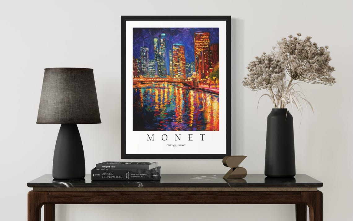 Chicago Illinois Night Skyline River Reflections Monet Art Poster - Image 3