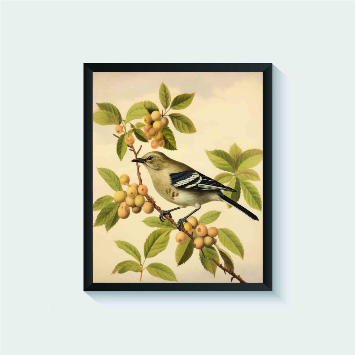 Mockingbird on a Berry Branch Vintage Bird Illustration Poster