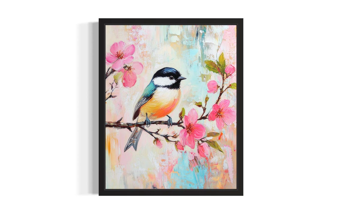 Black Capped Chickadee on Cherry Blossom Spring Bird Painting Poster