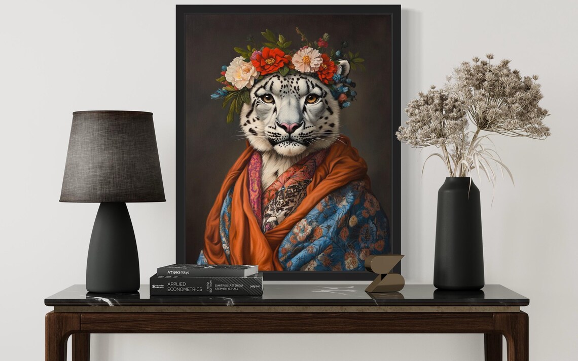 Snow Leopard Flower Crown and Rust Shawl Portrait Fine Art Decor Poster - Image 4