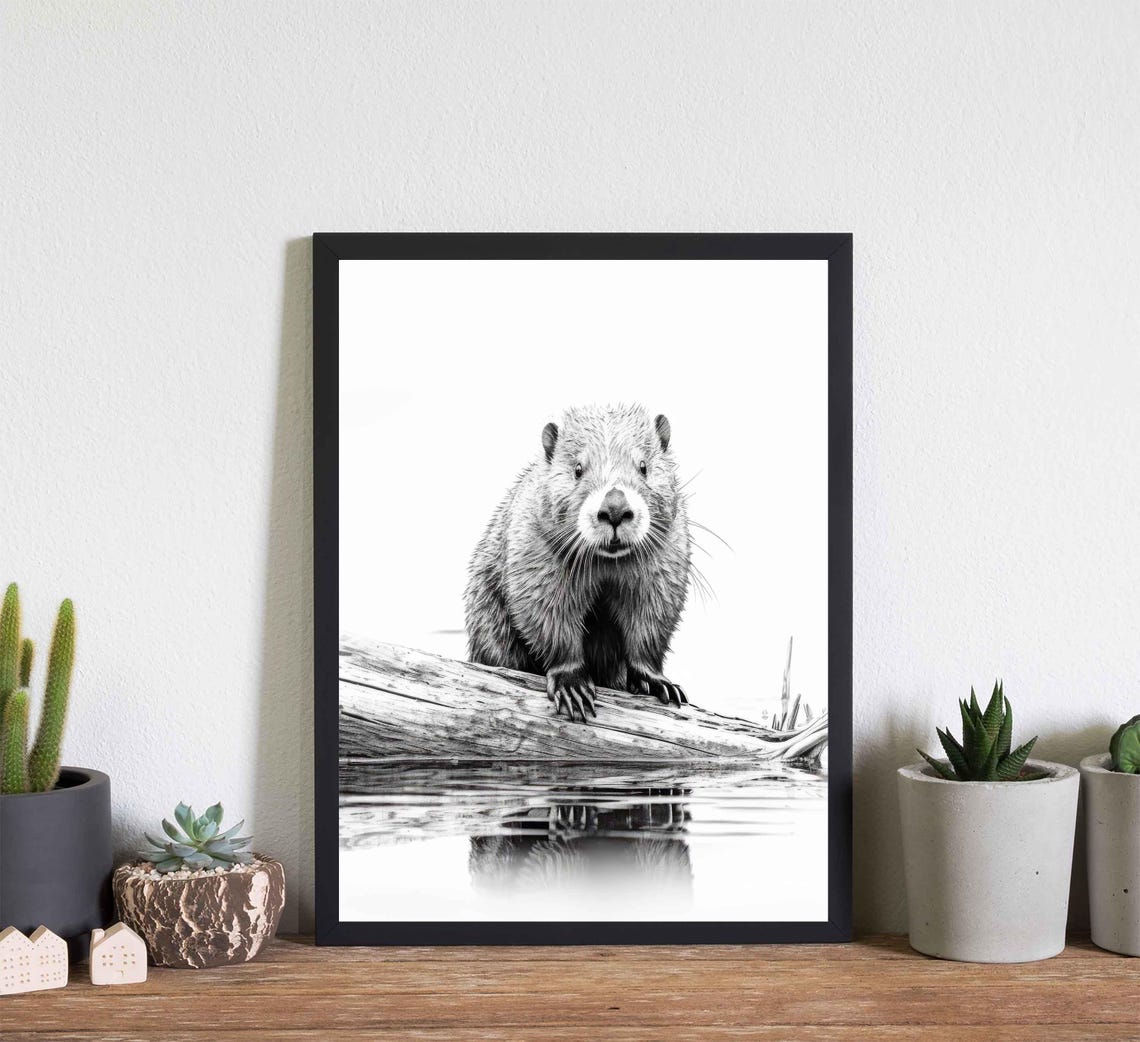 Beaver Resting on a Log Over Calm Water in Black and White Art Poster - Image 3