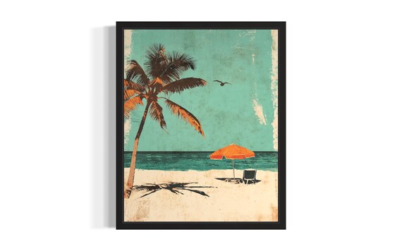 Retro Beach Pop Art Palm Tree Orange Umbrella Distressed Style Poster