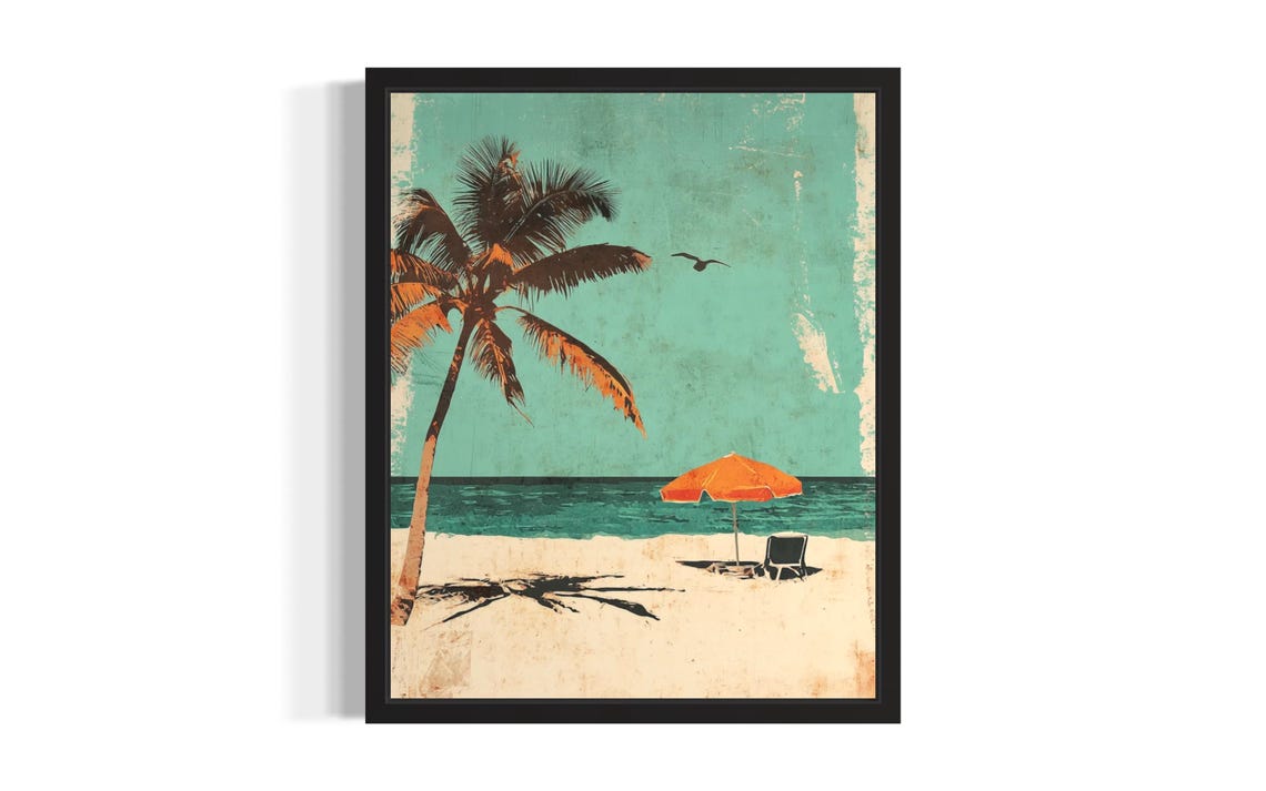 Retro Beach Pop Art Palm Tree Orange Umbrella Distressed Style Poster