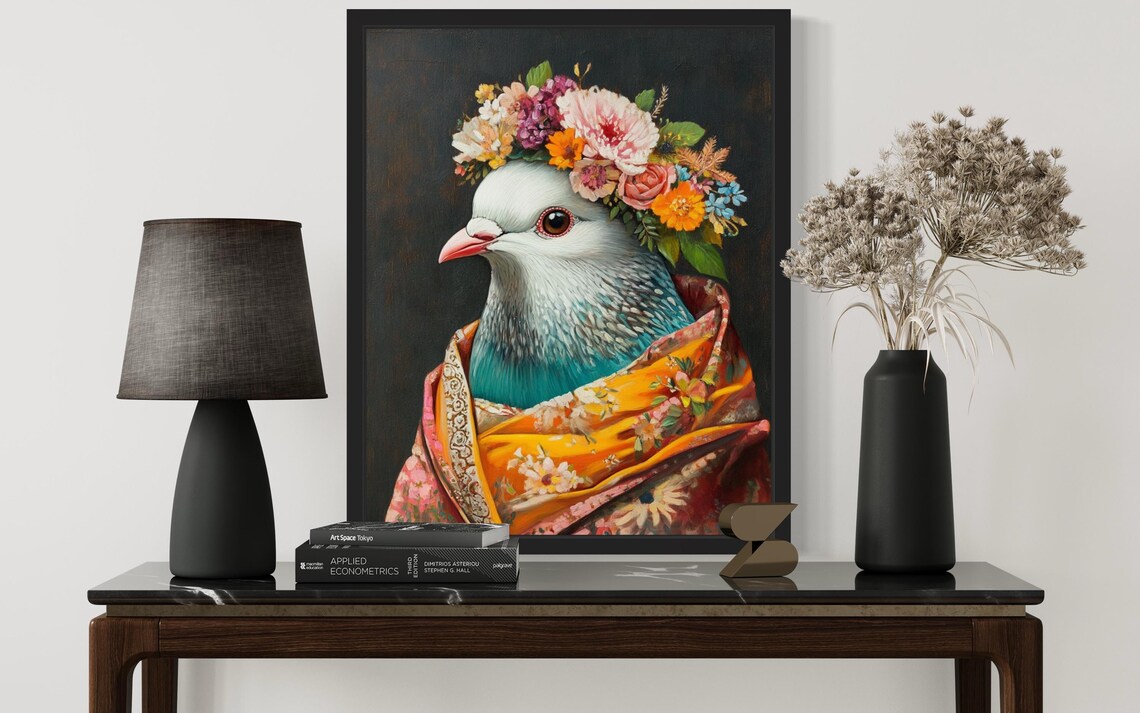 Pigeon Wearing Flower Crown and Colorful Kimono Fine Art Decor Poster - Image 4
