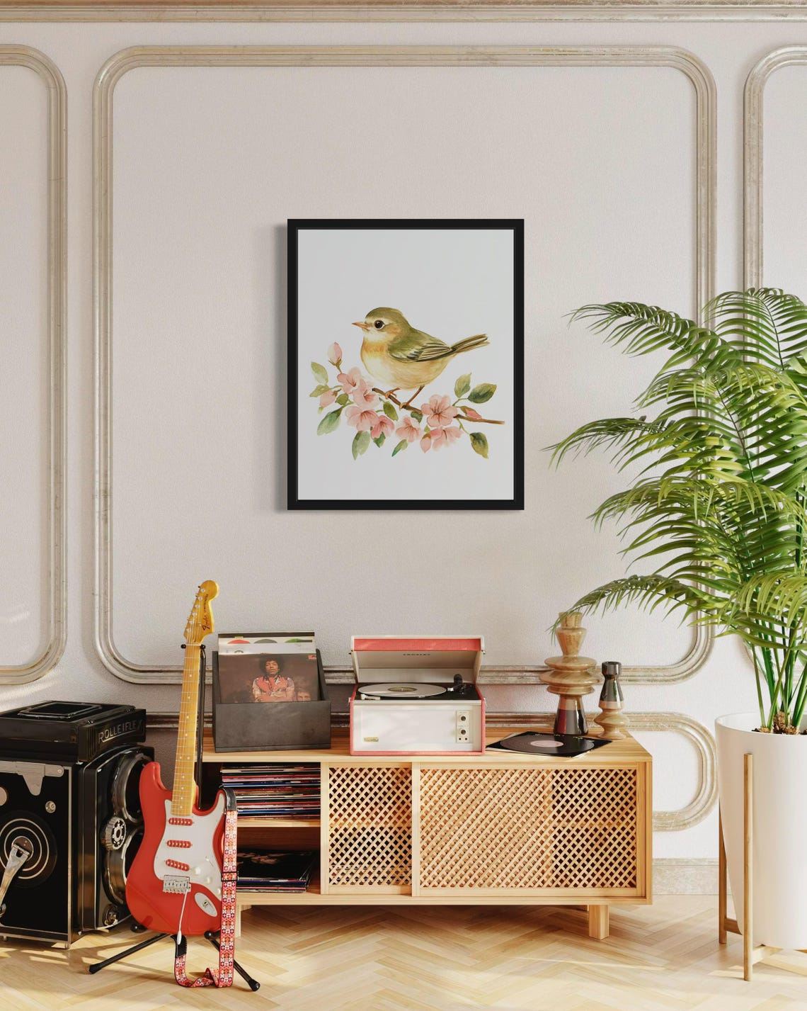 Tiny Goldcrest Songbird on Blossom Branch Watercolor Bird Poster - Image 4