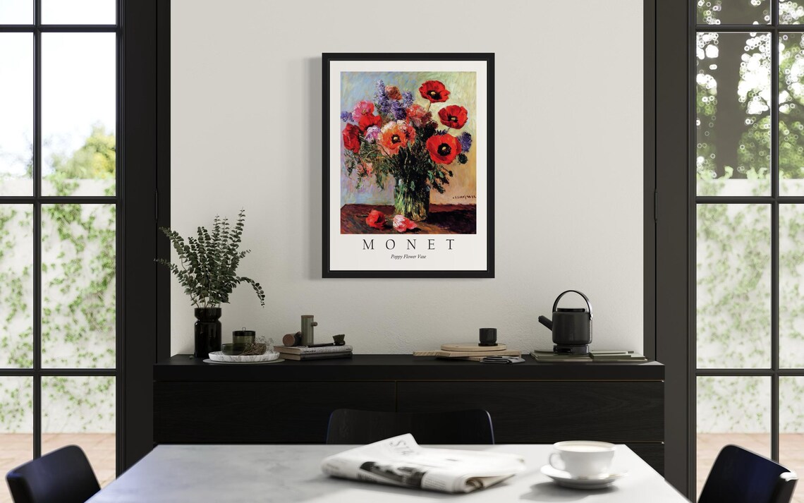 Red Poppy Bouquet in a Clear Glass Vase Monet Style Flower Poster - Image 2