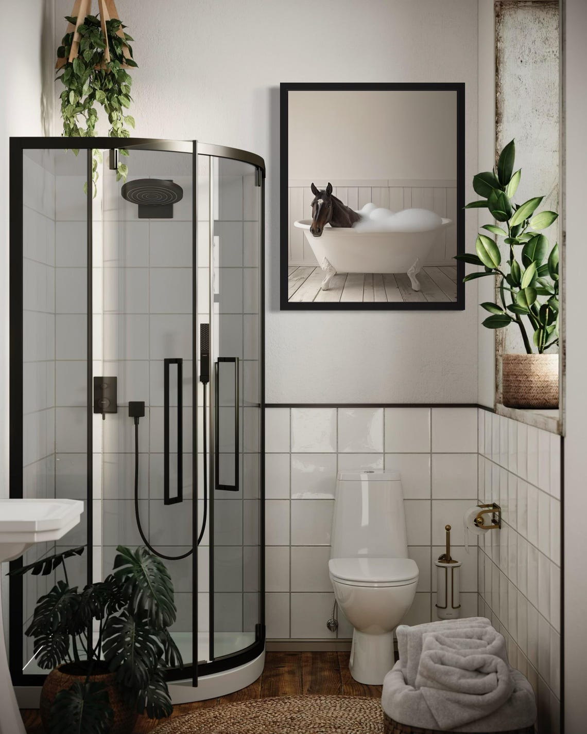 Brown Horse Soaking in a White Clawfoot Bubble Bath Tub Photo Poster - Image 4