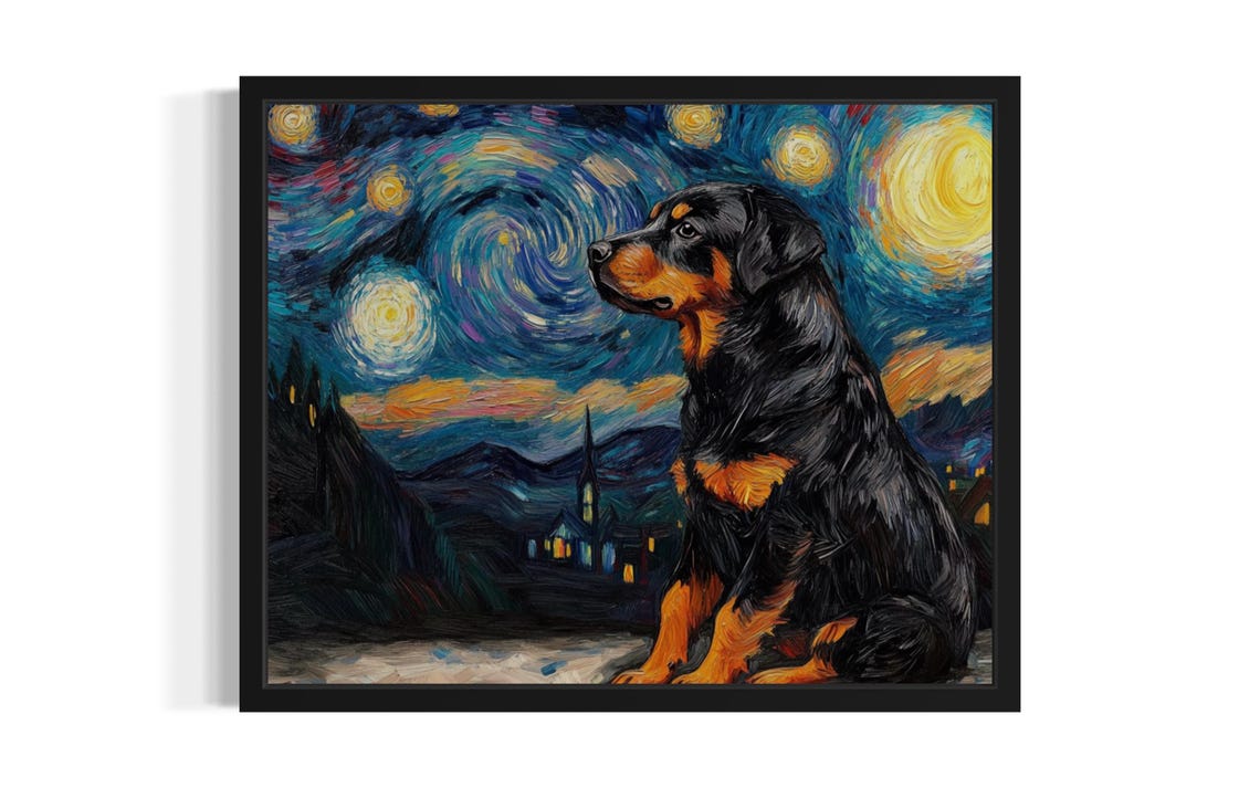 Rottweiler Dog Sitting Under Van Gogh Swirling Starry Night Poster