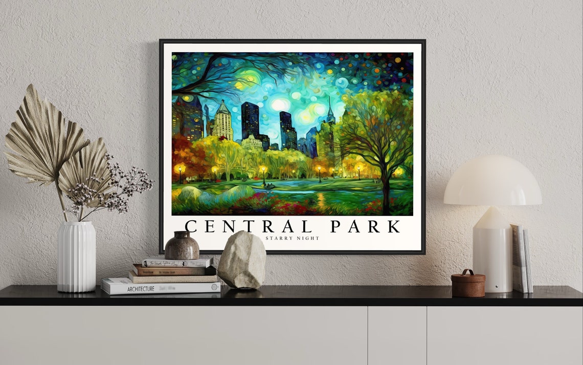 Central Park New York City Starry Night Skyline Pond Art Poster - Image 2