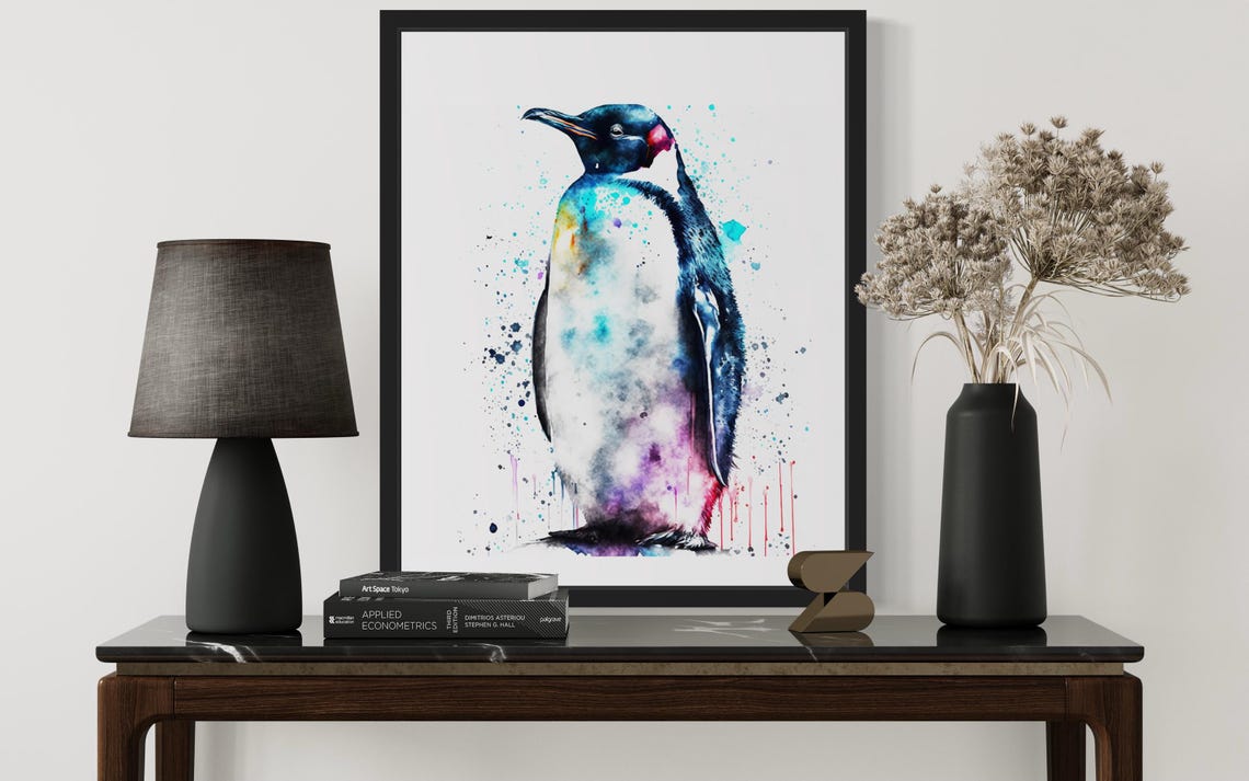 Penguin with Vibrant Teal and Pink Splashes Watercolor Art Poster - Image 2