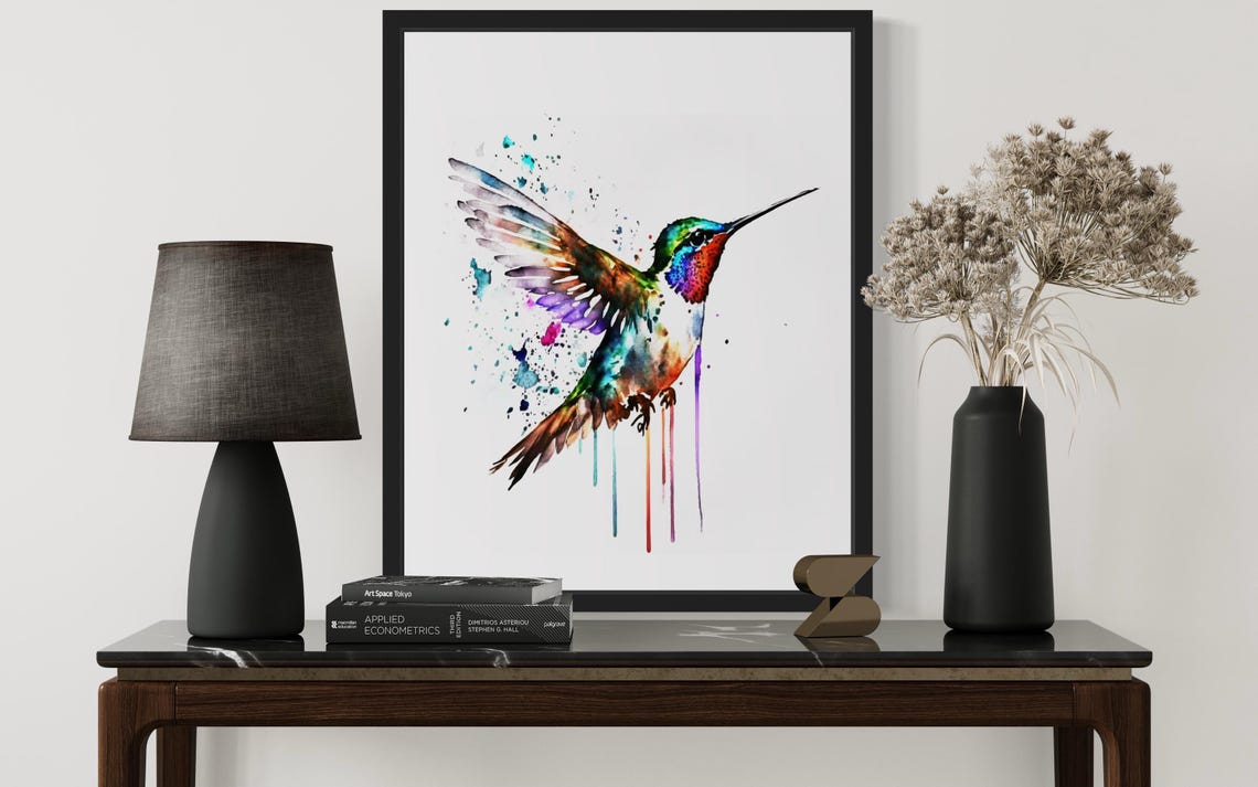 Hummingbird In Flight Colorful Watercolor Splash Bird Poster - Image 2