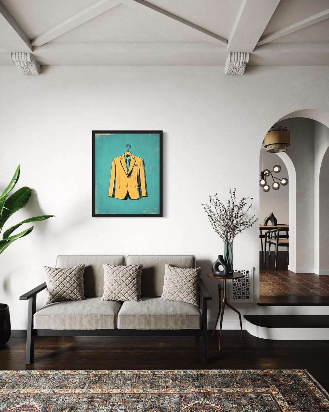 Retro Mustard Yellow Suit Jacket on Hanger Pop Art on Teal Poster - Image 4