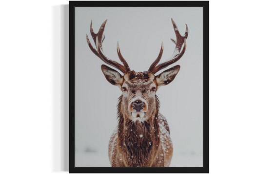 Red Deer Stag in Falling Snow Minimalist Winter Photo Poster