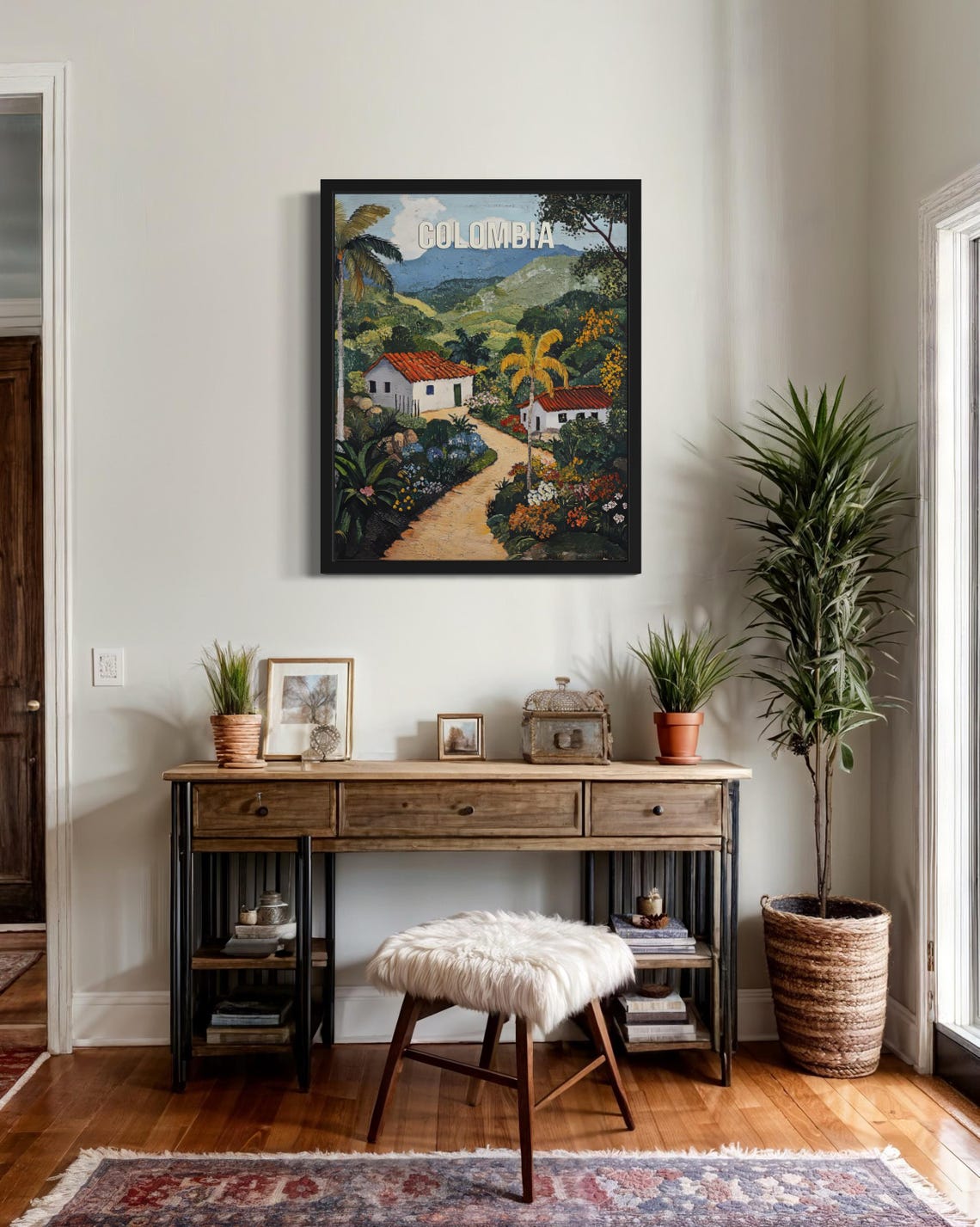 Colombia Misty Mountain Jungle Path Red Roof Houses Folk Art Poster - Image 2