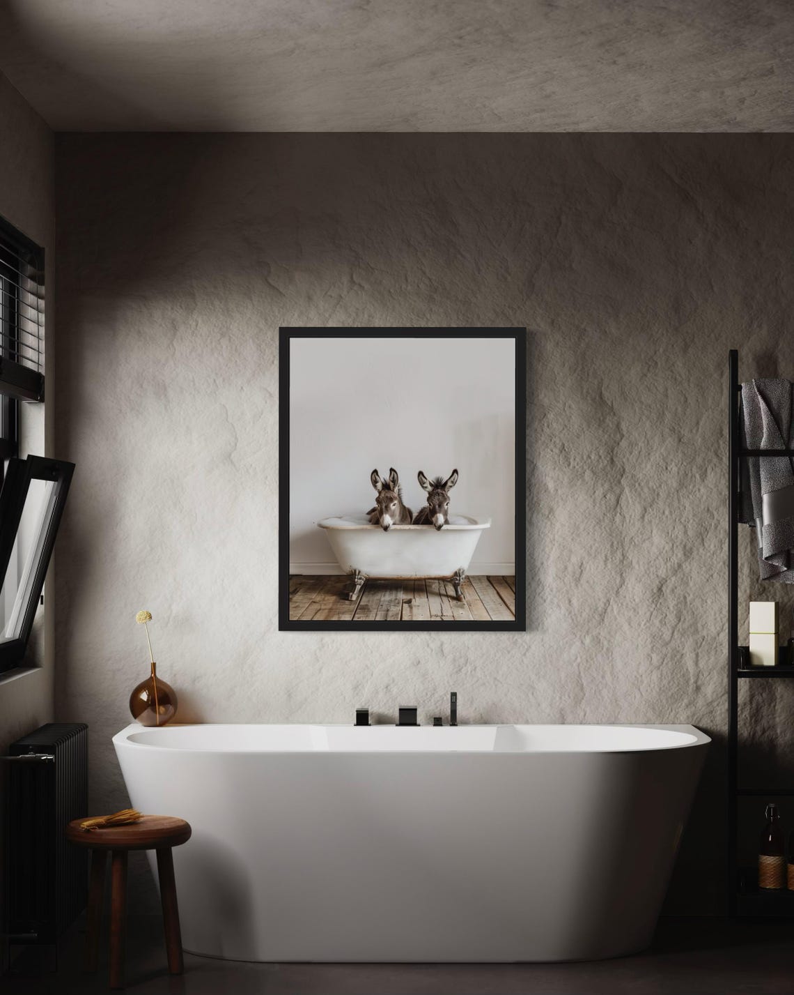 Two Curious Donkeys Peeking Over Vintage Clawfoot Bathtub Funny Poster - Image 3