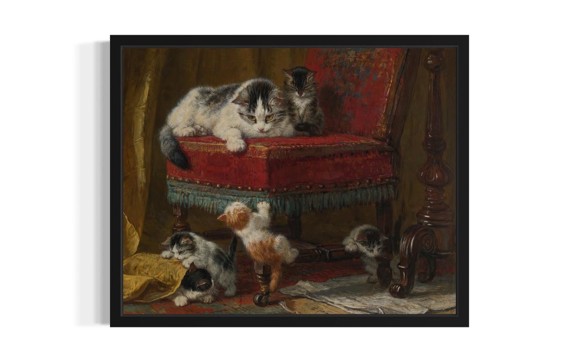 Five Playful Kittens Around Ornate Red Chair Vintage Painting Poster